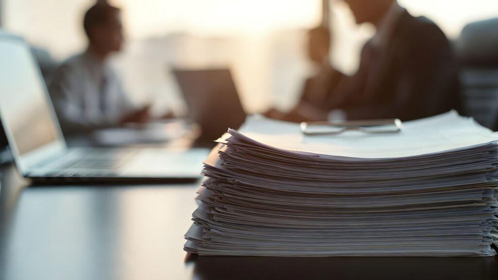 A pile of paper on a desk, with blurred images of two business people in the background