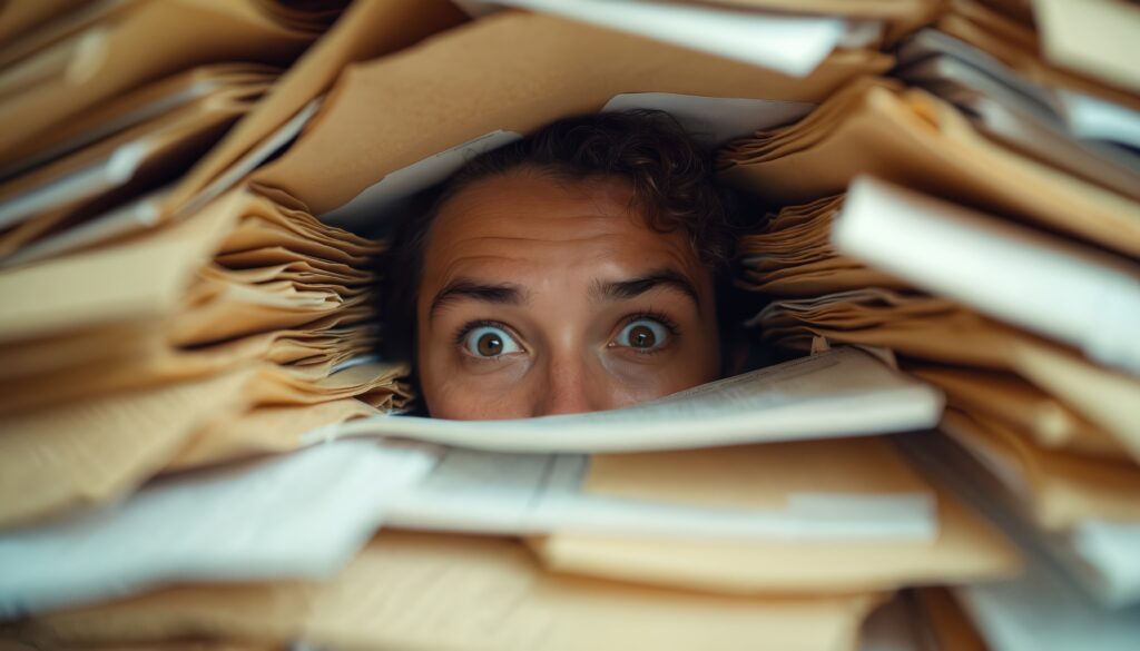 Wide eyed person buried under piles of documents. Documents overflow desk area. Individual appears stressed by workload and paperwork chaos.