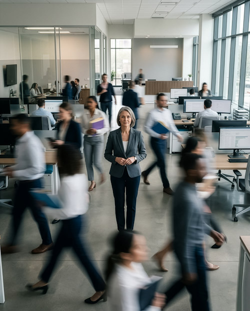 Manager standing still in a group of people blurred through rushing around.